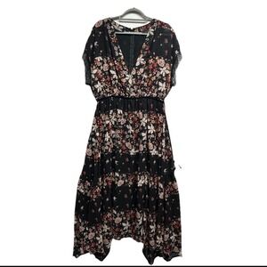 Adelyn Rae Floral Lace Trim Midi Dress sz L Black Velvet Waist belt whimsical